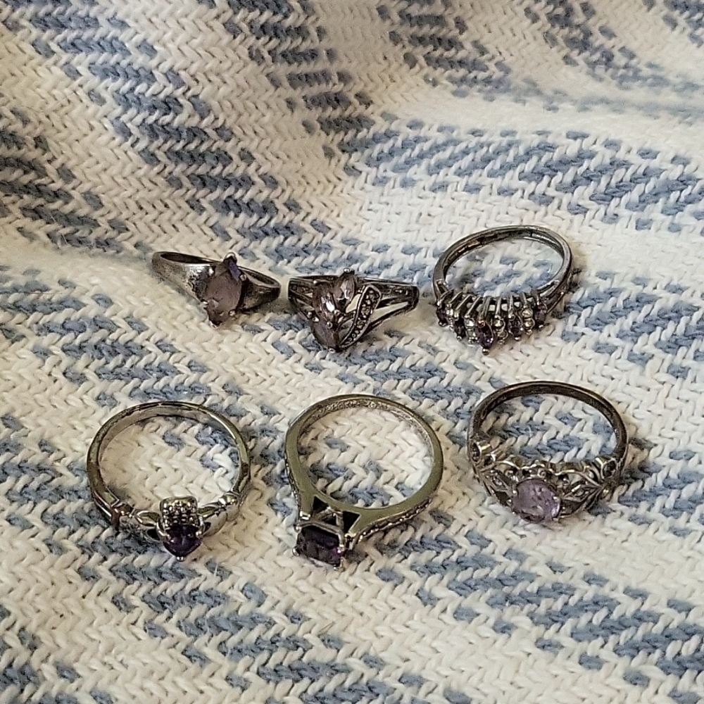 Set of 6 Amethyst/Purple stone rings Sz 6